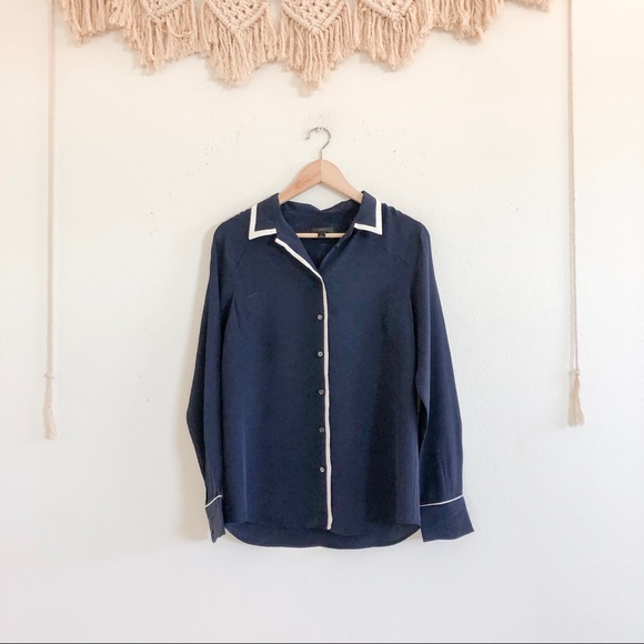J. Crew Tops - J Crew Navy Silk Button Up Blouse w/ White Trim
